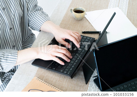 Woman working remotely on a laptop 1 101033156
