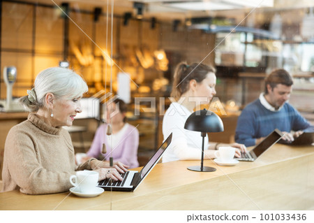 Mature woman using laptop and drinking coffee in modern cafe Mature woman using laptop and drinking coffee in modern cafe 101033436
