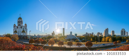 Temple in autumn in beautiful orange sunset light. Temple on Blood, Yekaterinburg, Russia 101033533