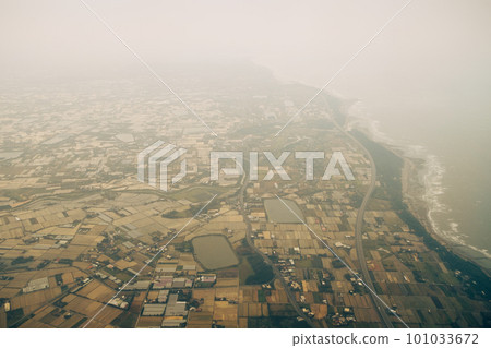 Taoyuan city aerial view from airplane in Taiwan 101033672