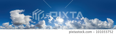 Blue sky panorama with puffy Cumulus clouds. Seamless hdr pano in spherical equirectangular format. Sky dome or zenith for 3D visualization, game and sky replacement for aerial drone 360 panoramas. Blue sky panorama with puffy Cumulus clouds. Seamless hdr pano in spherical equirectangular format. Sky dome or zenith for 3D visualization, game and sky replacement for aerial drone 360 panoramas. 101033752
