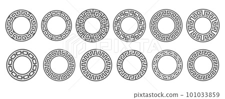 Greek round border. Circle meander frame with ancient ornament. Roman mediterranean pattern decor. Vector set 101033859