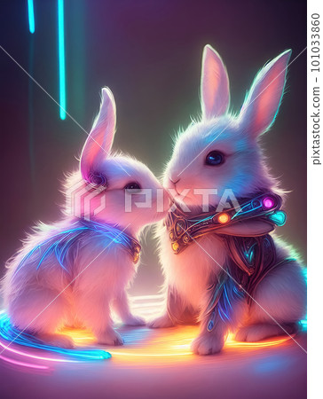 Two white fairy rabbits snuggling in neon lights. Easter Bunnies. Valentine's day. Generative AI Two white fairy rabbits snuggling in neon lights. Easter Bunnies. Valentine's day. Generative AI 101033860