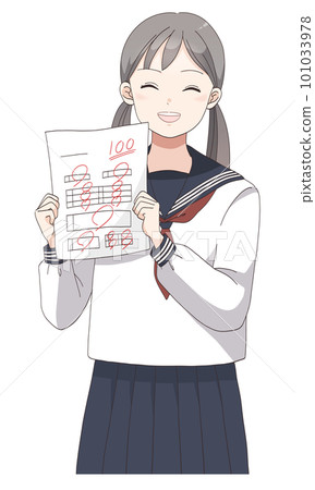 考試滿分100分開心的穿校服女學生（雙馬尾） 101033978