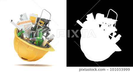 different tools set inside the helmet concept of repair tools warehouse promotion 3d render on white with alpha different tools set inside the helmet concept of repair tools warehouse promotion 3d render on white with alpha 101033999