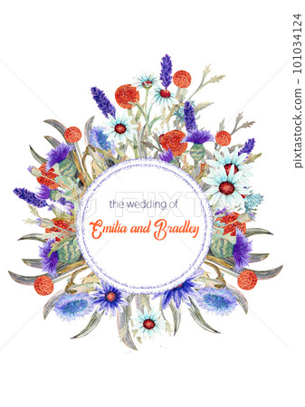 Wedding round frame of wild flowers. Watercolor. Flower arrangement. Greeting card template design. Invitation background. Vertical orientation Wedding round frame of wild flowers. Watercolor. Flower arrangement. Greeting card template design. Invitation background. Vertical orientation 101034124