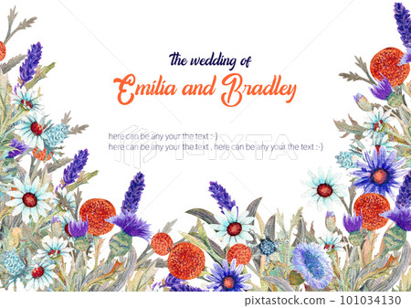Wedding frame of wild flowers. Watercolor. Flower arrangement. Greeting card template design. Invitation background. Horizontal orientation Wedding frame of wild flowers. Watercolor. Flower arrangement. Greeting card template design. Invitation background. Horizontal orientation 101034130