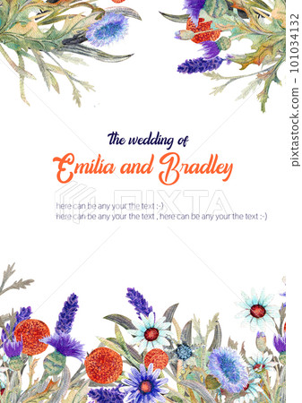 Wedding vertical frame of wild flowers. Watercolor. Flower arrangement. Greeting card template design. Invitation background. Vertical orientation Wedding vertical frame of wild flowers. Watercolor. Flower arrangement. Greeting card template design. Invitation background. Vertical orientation 101034132