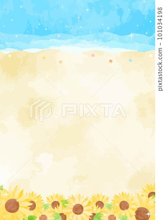 simple hand painted sea, sandy beach and sunflower landscape illustration 101034198