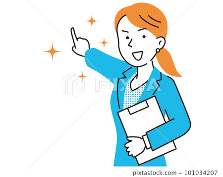 Business woman holding a document and pointing to the future 101034207