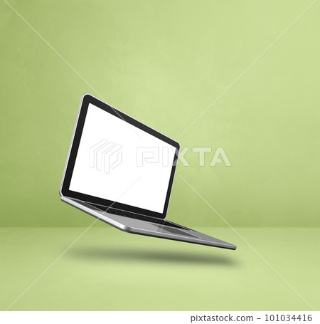 Floating computer laptop isolated on green. Square background 101034416