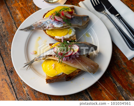 Just cooked brined raw herring served with bread and radish 101034561