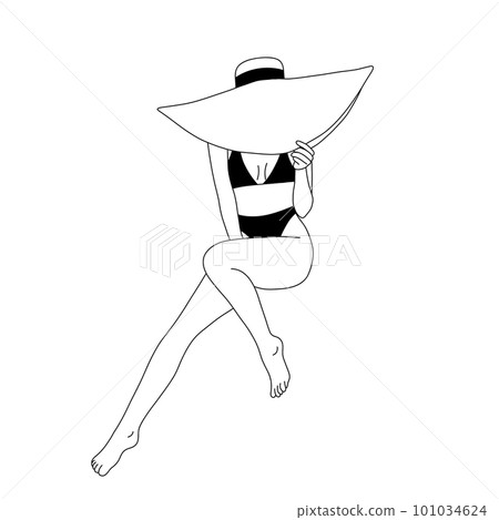 Linear female figure in summer hat. Elegant faceless lady in black swimsuit. Graceful woman silhouette. Minimalistic hand drawn vector illustration. Trendy logo for boutique, shop, beauty salon 101034624