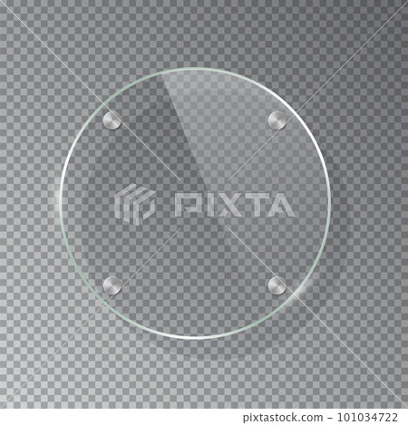 Glass circle shape plate isolated on transparent background. Vector realistic round acrylic frame with steel rivets 101034722