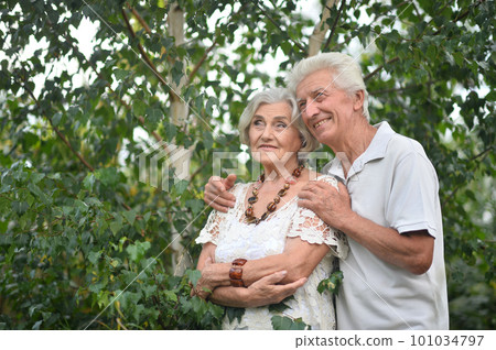 elderly couple walks in nature in summer elderly couple walks in nature in summer 101034797