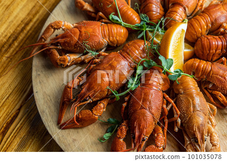River boiled crayfish. Red cooked crayfish. Plate with crayfish. River boiled crayfish. Red cooked crayfish. Plate with crayfish. 101035078