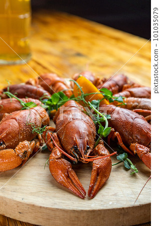 River boiled crayfish. Red cooked crayfish. Plate with crayfish. River boiled crayfish. Red cooked crayfish. Plate with crayfish. 101035079