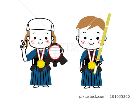 Children overjoyed to receive a gold medal Kendo 101035260