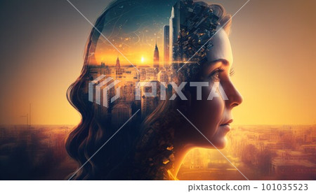 A woman thinks about life in the big city created with generative AI technology. High quality illustration 101035523