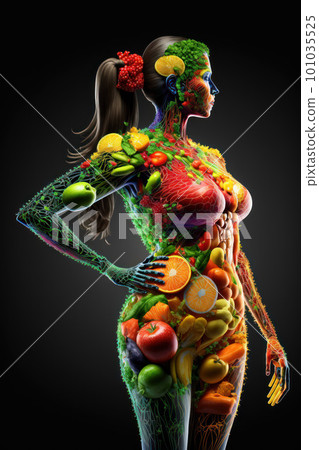 Women body Made of Fruits and Vegetables healthy lifestyle concept created with generative AI technology. High quality illustration 101035525