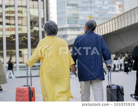 Senior couple walking with a carry bag Back view Senior couple walking with a carry bag Back view 101035919