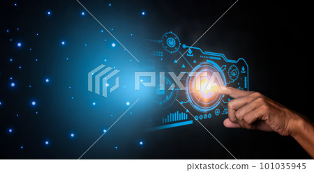 Human hand touching abstract network circle technology structure. Innovation networking future worldwide global concept 101035945
