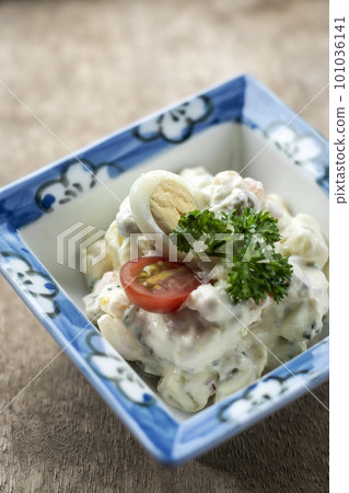 potato and egg salad tapas in rustic restaurant potato and egg salad tapas in rustic restaurant 101036141