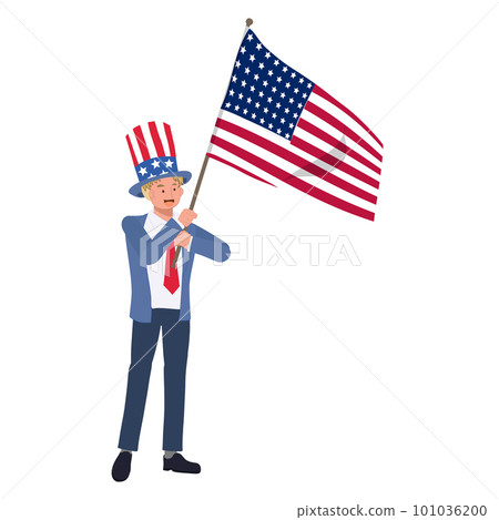 Independence day concept. A man in suit with american flag and hat is celebrating Fourth of July. Flat vector cartoon illustration 101036200