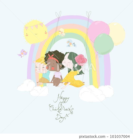 Cartoon Happy Kids swinging on Rainbow. Children s Day 101037004