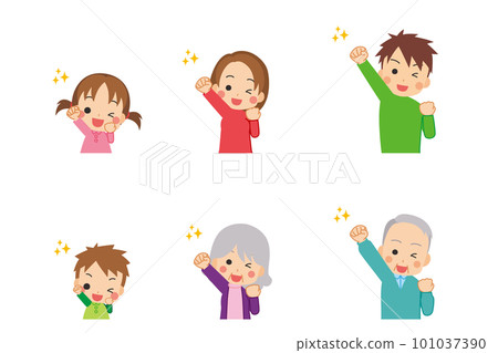 Illustration set of a cute three-generation family cheering with a smile, white background, person, upper body 101037390