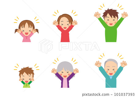 Illustration set of a cute three-generation family raising both hands to be happy White background People Upper body 101037393