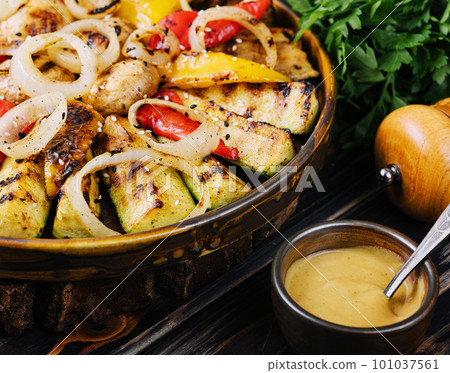 Grilled fresh vegetables and mustard sauce Grilled fresh vegetables and mustard sauce 101037561