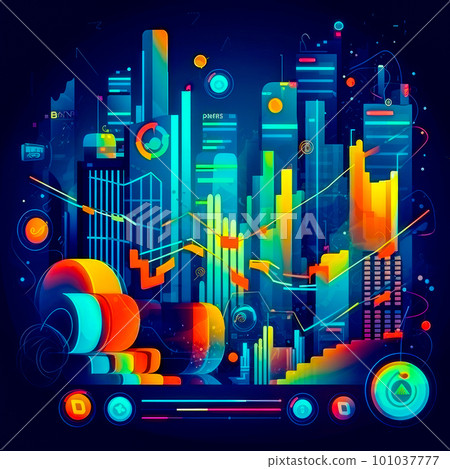 An illustration of futuristic city with neon lights. Generative AI 101037777