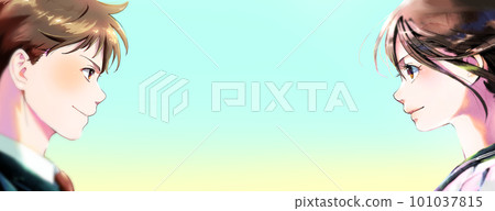Illustration of male and female students facing each other in profile, seasonless, simple background 101037815