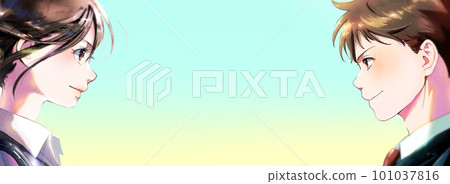 Illustration of a man and woman in profile facing each other, seasonless, simple background, with central space 101037816