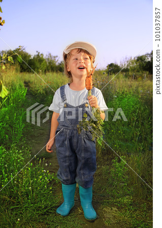 boy with a carrot and a watering can 101037857