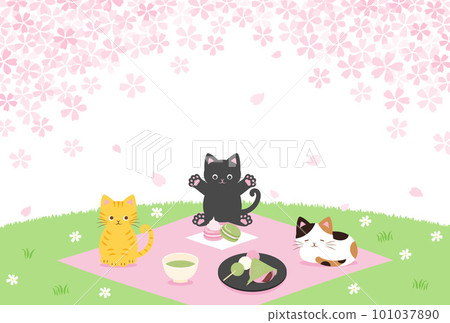 Background illustration of cats enjoying cherry blossom viewing under spring cherry blossoms 101037890