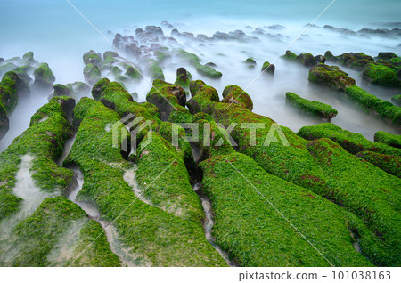 White waves wash over mossy brown rocks. Explore breathtaking coastal landscape. 101038163