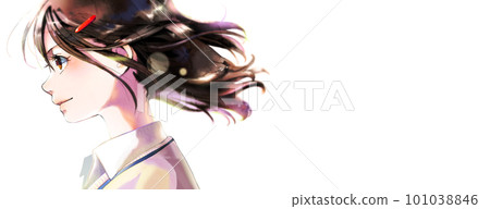 Illustration of a girl in profile wearing a sweater, pins in her hair, no documents, no background, right space Illustration of a girl in profile wearing a sweater, pins in her hair, no documents, no background, right space 101038846