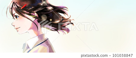 Illustration of a girl in profile wearing a sweater, pins in her hair, simple background, with space on the right Illustration of a girl in profile wearing a sweater, pins in her hair, simple background, with space on the right 101038847