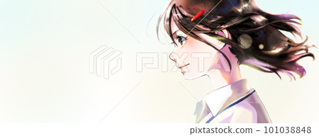 Illustration of a girl in profile wearing a sweater, pins in her hair, no background, left space Illustration of a girl in profile wearing a sweater, pins in her hair, no background, left space 101038848