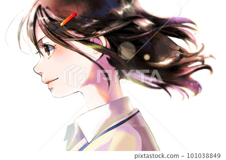 Illustration of a girl in profile wearing a sweater, with pin, no background, single person 101038849