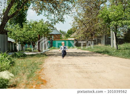 Boy is walking on the grass in a green summer park on a sunny afternoon. Boy is walking on the grass in a green summer park on a sunny afternoon. 101039562