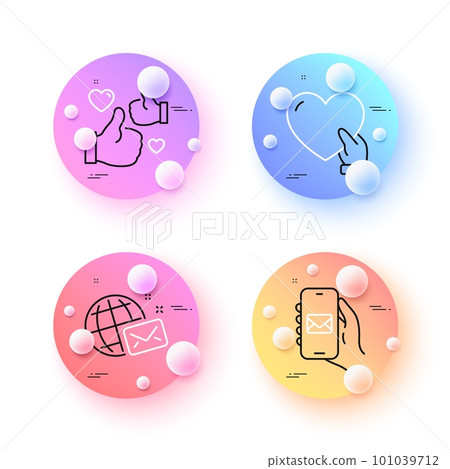 Volunteer, World mail and Mail app minimal line icons. 3d spheres or balls buttons. Like icons. For web, application, printing. Social care, Chat, Smartphone email. Thumbs up. Vector 101039712