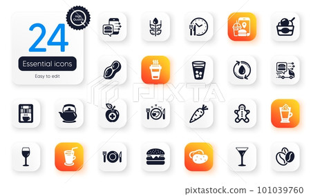 Set of Food and drink flat icons. Food delivery, Peanut and Wine glass elements for web application. Carrot, Burger, Teapot icons. Cocktail, Food, Gingerbread man elements. Potato. Vector Set of Food and drink flat icons. Food delivery, Peanut and Wine glass elements for web application. Carrot, Burger, Teapot icons. Cocktail, Food, Gingerbread man elements. Potato. Vector 101039760