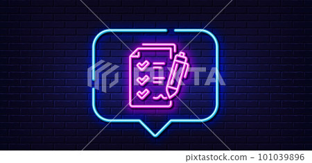 Neon light speech bubble. Survey Checklist line icon. Report sign. Business review symbol. Neon light background. Survey checklist glow line. Brick wall banner. Vector Neon light speech bubble. Survey Checklist line icon. Report sign. Business review symbol. Neon light background. Survey checklist glow line. Brick wall banner. Vector 101039896