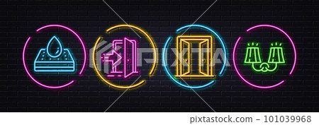 Waterproof mattress, Open door and Entrance minimal line icons. Neon laser 3d lights. Sconce light icons. For web, application, printing. Sleeping pad, Entrance, Open door. Electric lamp. Vector 101039968