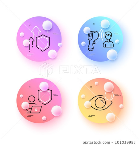 Improving safety, Electronic thermometer and Eye drops minimal line icons. 3d spheres or balls buttons. Shield icons. For web, application, printing. Vector 101039985