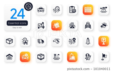 Set of Transportation flat icons. Gift, Confirmed flight and Lighthouse elements for web application. Parking garage, Parcel checklist, Truck delivery icons. Flight time, Office box. Vector 101040011