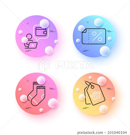 Discount banner, Wallet and Socks minimal line icons. 3d spheres or balls buttons. Sale tag icons. For web, application, printing. Sale coupon, Online money, Underwear accessory. Shopping cart. Vector 101040104